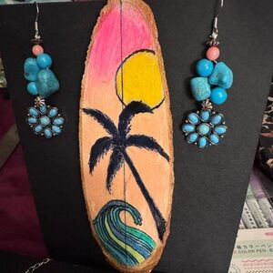 Handcrafted earrings with unique one of a kind wood slice art